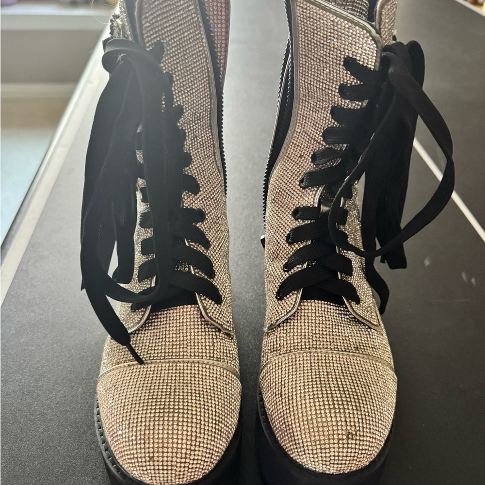 Black and Silver Lace Up Boots with Textured Fabric